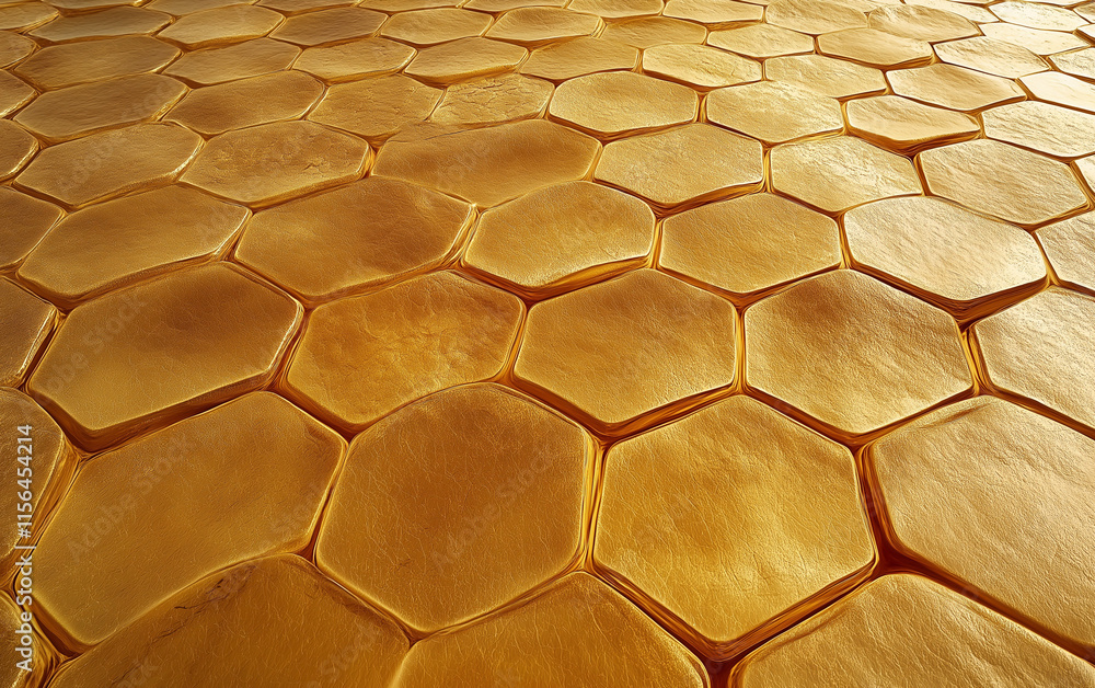 Poster honeycomb pattern close-up- golden hexagonal cells filled with thick, caramel-like liquid honey. hyp