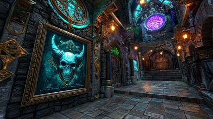 Obraz premium Dark Fantasy Gothic Hallway Interior Skull Poster Framed Art Stone Architecture