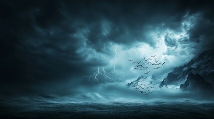 Fototapeta premium Dramatic stormy sky with flock of birds over ocean nature scene dark atmosphere foreboding viewpoint environmental tension