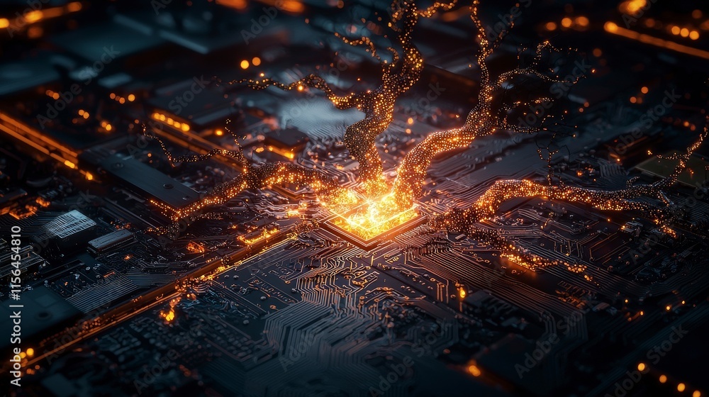Fototapete Ai algorithms evolving on circuit boards digital lab conceptual art futuristic environment aerial view innovation