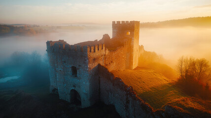 Fototapeta premium A medieval castle with sturdy stone walls and a surrounding moat towers majestically over a misty landscape, bathed in the warm, golden light of the setting sun.
