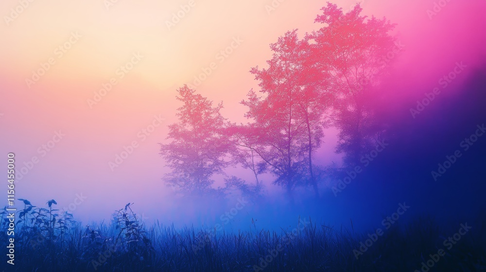 Poster a forest with trees and a sky with a pinkish hue. the sky is filled with clouds and the trees are pi
