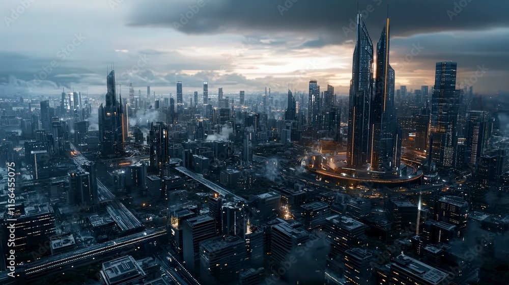 Poster futuristic cityscape with advanced architecture urban environment digital imagery night view technol