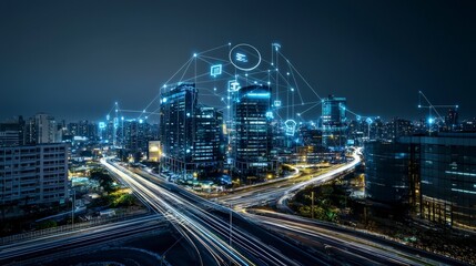 Naklejka premium Futuristic city networking scene urban metropolis nighttime view high-tech environment digital connectivity concept