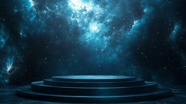 Futuristic cosmic podium hovering in a dark void, illuminated by distant stars