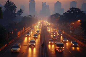 Air pollution in crowded city full of fog and smoke