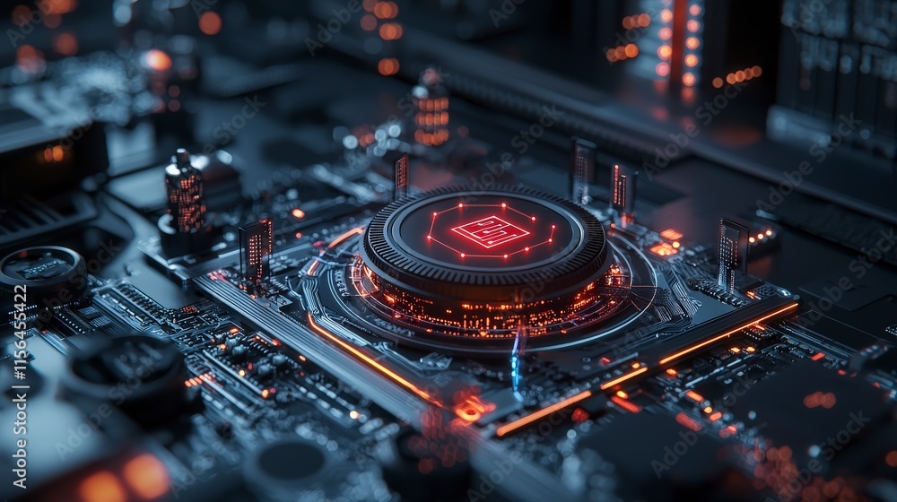 Fototapete Modern digital landscape of personal data processing technology arena graphic representation futuristic studio macro view