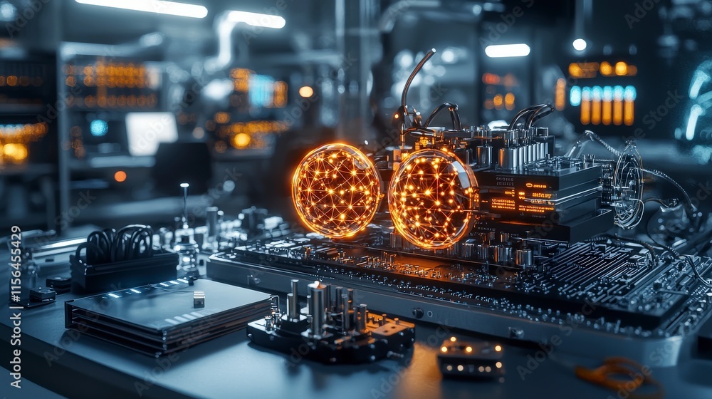 Poster quantum computing breakthroughs high-tech lab innovations modern facility scientific exploration fut
