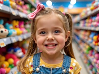 Happy Girl Smiling in Toy Store Aisle Colorful Toys Child Shopping