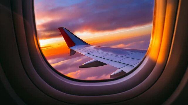 Beautiful sunset viewed from an airplane window during a calm flight over the clouds