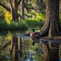 A duck with rainbow-hued feathers wading through a serene pond reflecting towering ancient trees.