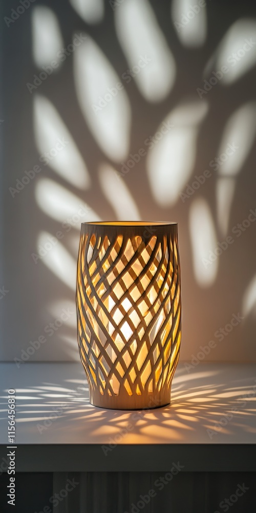 Poster a lamp with a white base and a yellow shade. the shade is made of wood and has a pattern