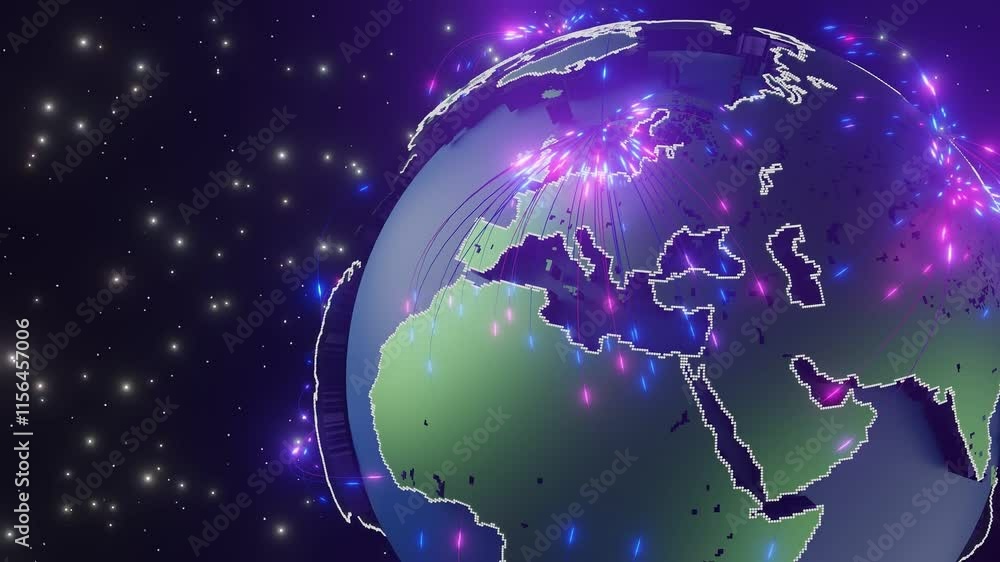 Poster 3d globe with glowing digital data points and network lines in space, focusing on europe, asia, and 