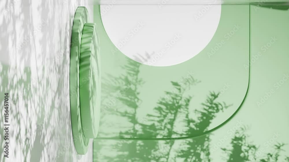 Poster minimalistic green podium with abstract circular background and natural tree shadows. modern product