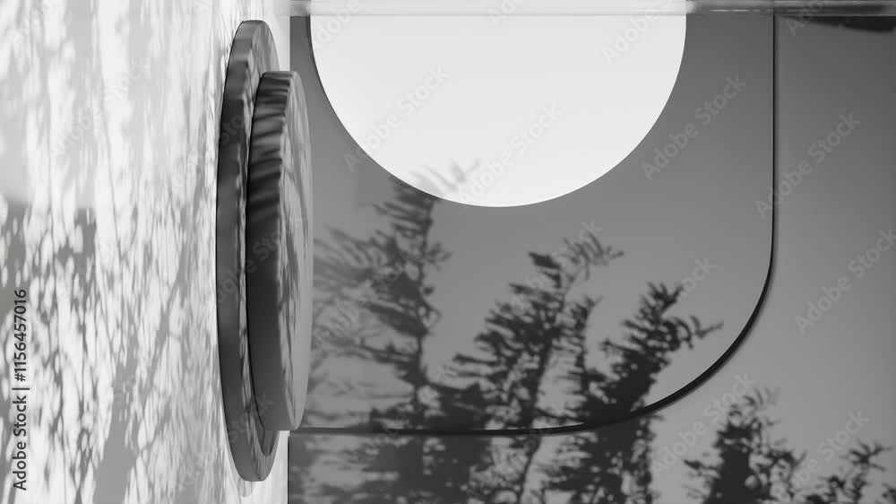Poster minimalistic black podium with abstract circular background and natural tree shadows. modern product