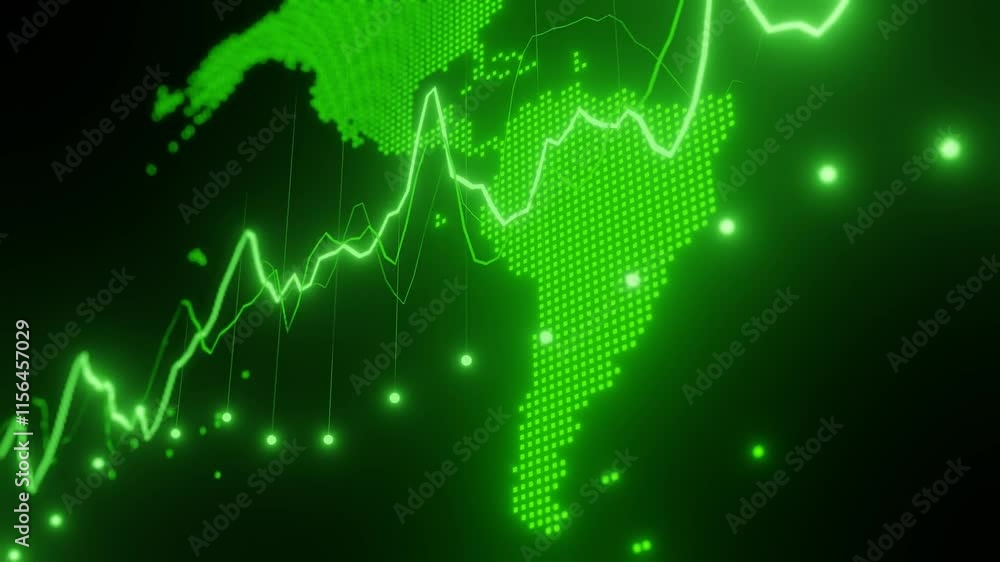 Poster digital map of south america with green glowing data points and line graphs. futuristic financial an