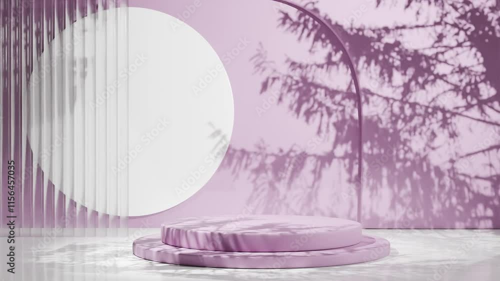 Poster minimalistic pink podium with abstract circular background and natural tree shadows. modern product 