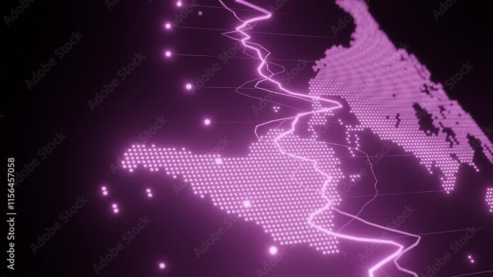 Poster digital map of south america with pink glowing data points and line graphs. futuristic financial ana