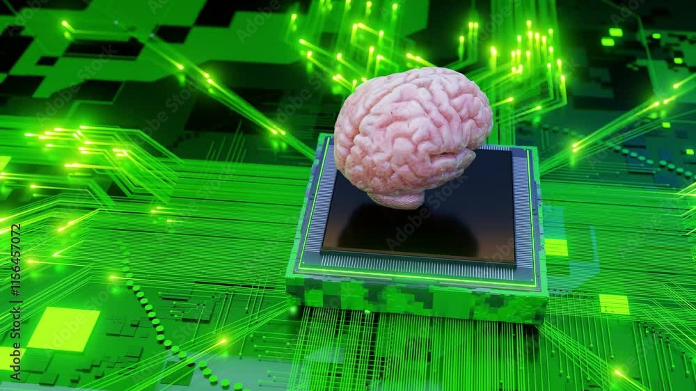 Poster human brain model on a microchip with glowing neon connections on a green circuit board. artificial 