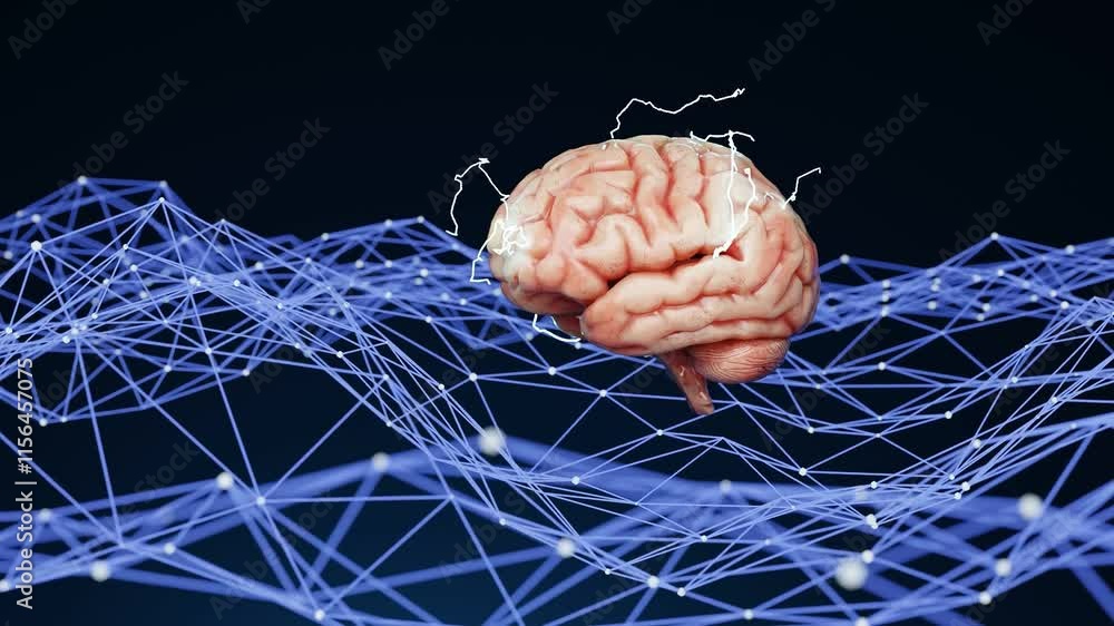 Poster human brain with electric impulses floating above a blue polygonal network on a dark background. art