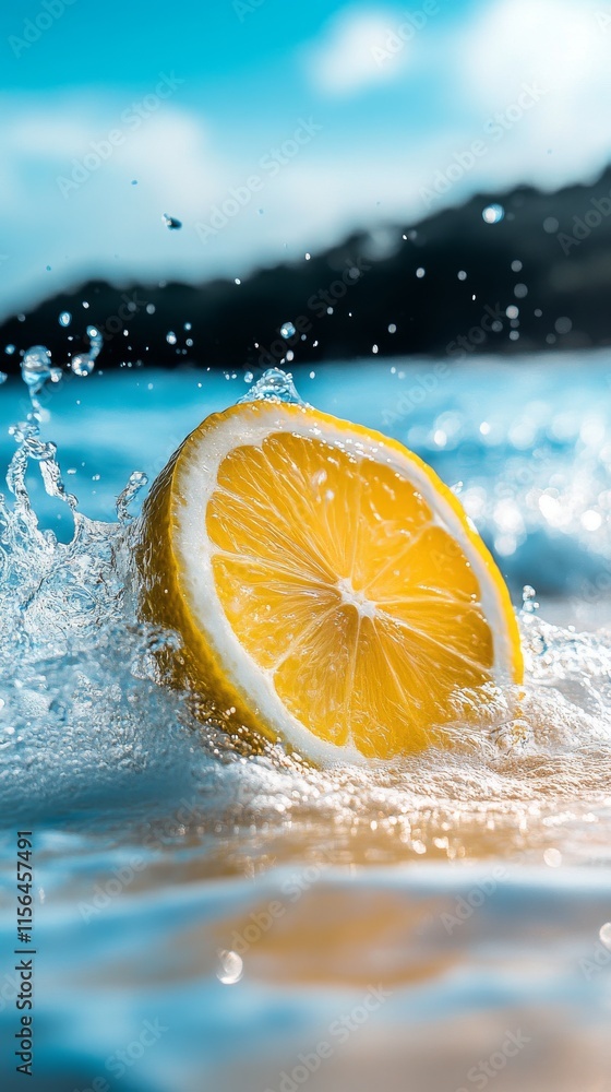 Poster a yellow lemon slice is floating in the ocean. the water is splashing around it, creating a sense of