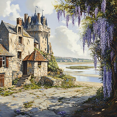 Fototapeta premium Scenic Castle by the River, Historic Castle Overlooking the River