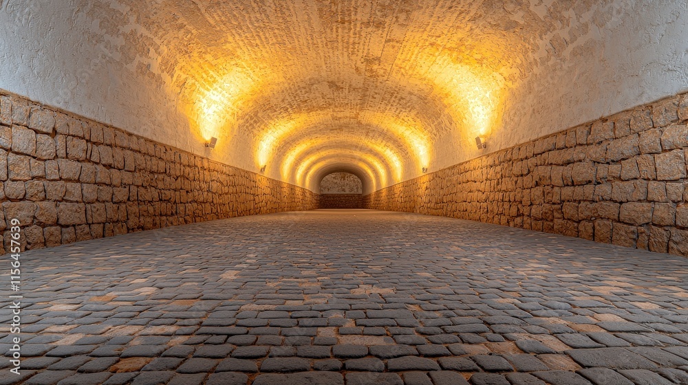 Poster illuminated stone tunnel ancient architecture cobblestone path fortification spain h