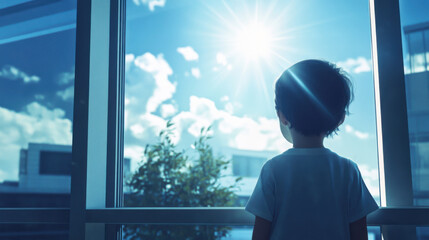 Young child gazing out of a large window on a bright day, captivated by the sun's rays and fluffy clouds in a serene outdoor setting