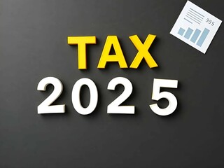 Text Tax 2025 on the calculator and taxes documents. Business and Annual tax concept.
