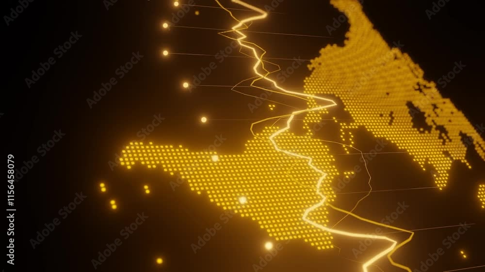 Poster digital map of south america with yellow glowing data points and line graphs. futuristic financial a