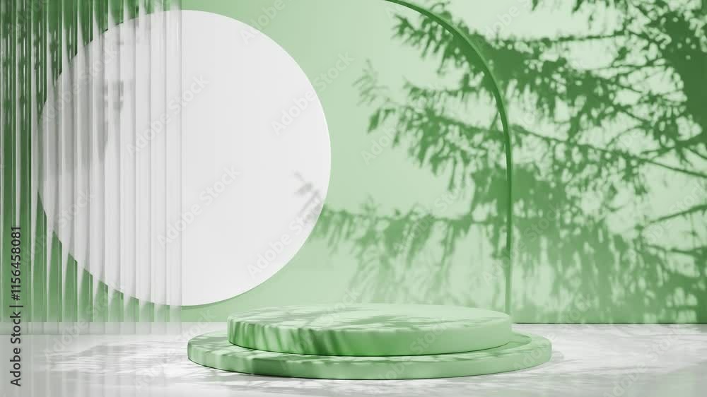 Poster minimalistic green podium with abstract circular background and natural tree shadows. modern product