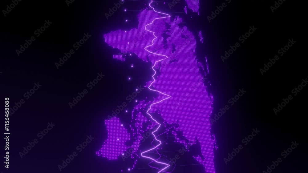 Poster world map auropean continent in digital dotted style with dynamic glowing purple data lines. abstrac