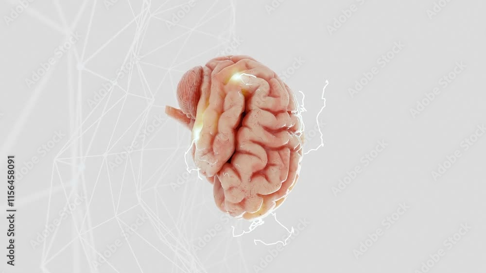 Poster 3d human brain with glowing neural activity above abstract wireframe network. futuristic concept of 