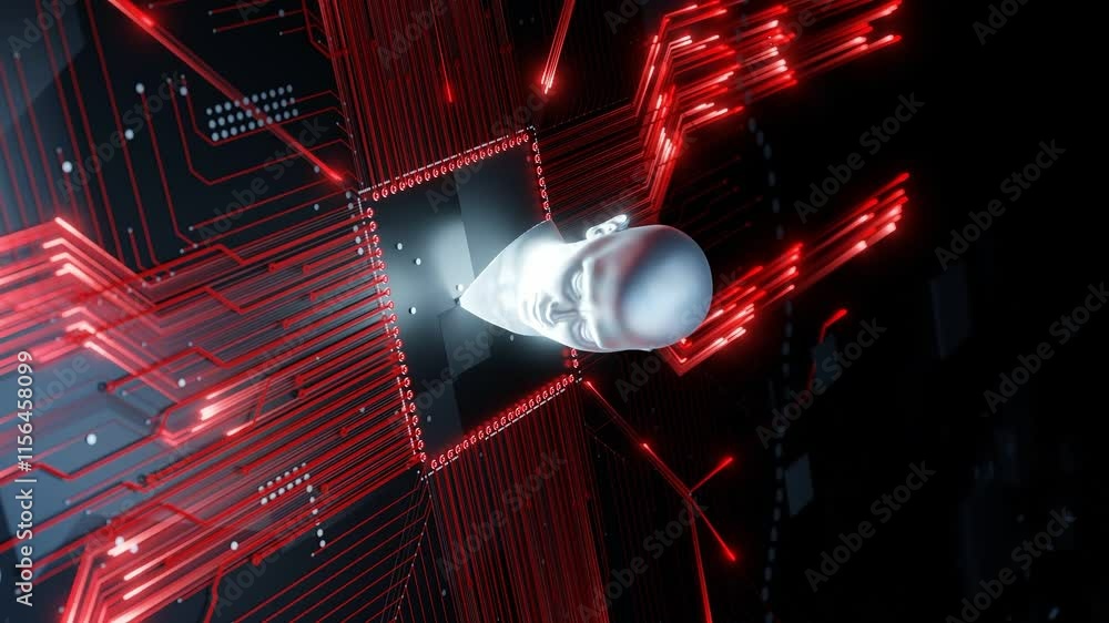 Poster human head model on a microchip with glowing red digital connections on a dark circuit board. artifi