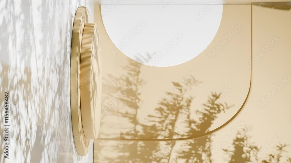 Poster minimalistic yellow podium with abstract circular background and natural tree shadows. modern produc