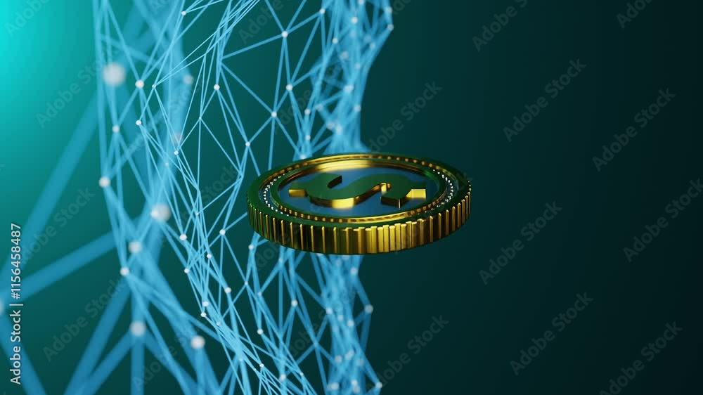 Poster golden coin with dollar symbol floating above a digital blue network grid on a dark background. cryp