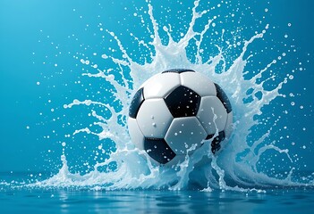 Naklejka premium Soccer Ball Splashing in Blue Water