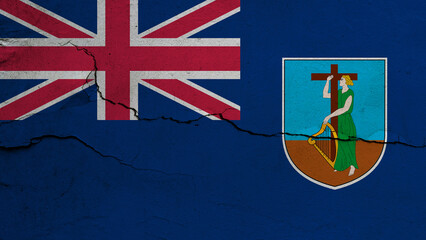Montserrat flag on cracked wall background, flag with crack line