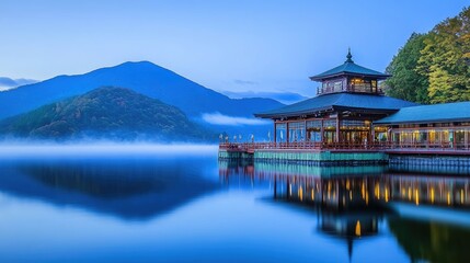 Fototapeta premium Serene lake with traditional pavilion, misty mountains at dawn.