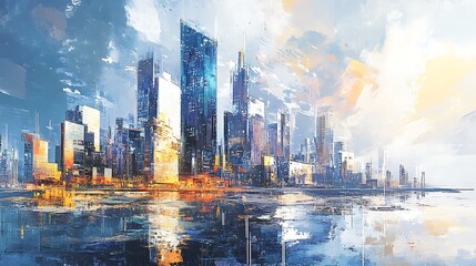 Fototapeta premium Stunning Digital Painting: Futuristic City Skyline Reflecting Calm Waters at Dawn. AI Generated