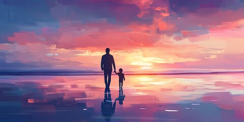 Silhouette of a father and son walking on a beach at sunset.