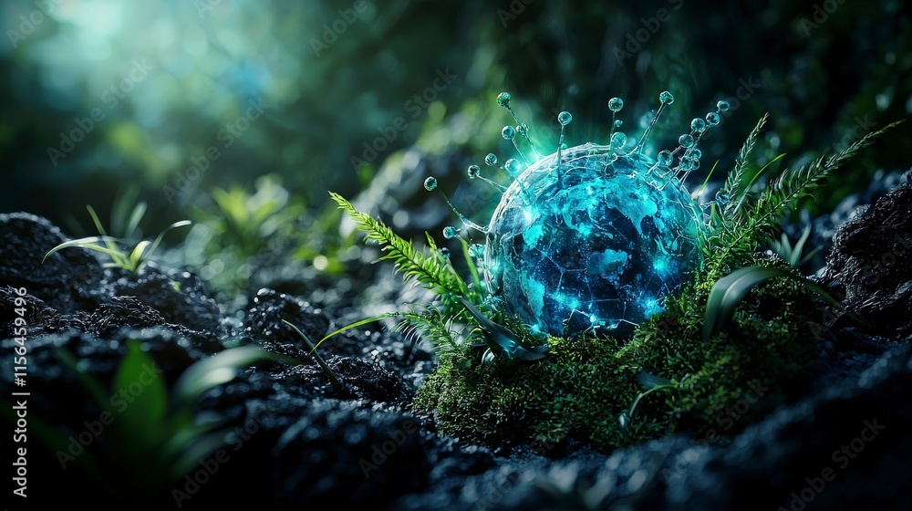 Poster Global cooperation in a digital landscape nature scene fantasy visual peaceful environment macro viewpoint unity concept