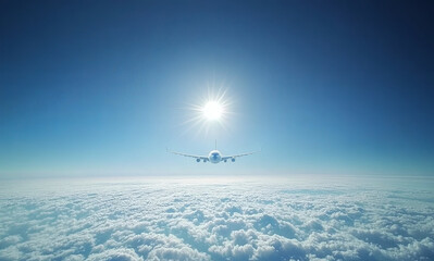 Obraz premium A white airplane flying in the sky, with a blue and sunny background. A wide shot of an Airbus plane soaring high above the clouds on a clear day. The sun is shining brightly over it. 