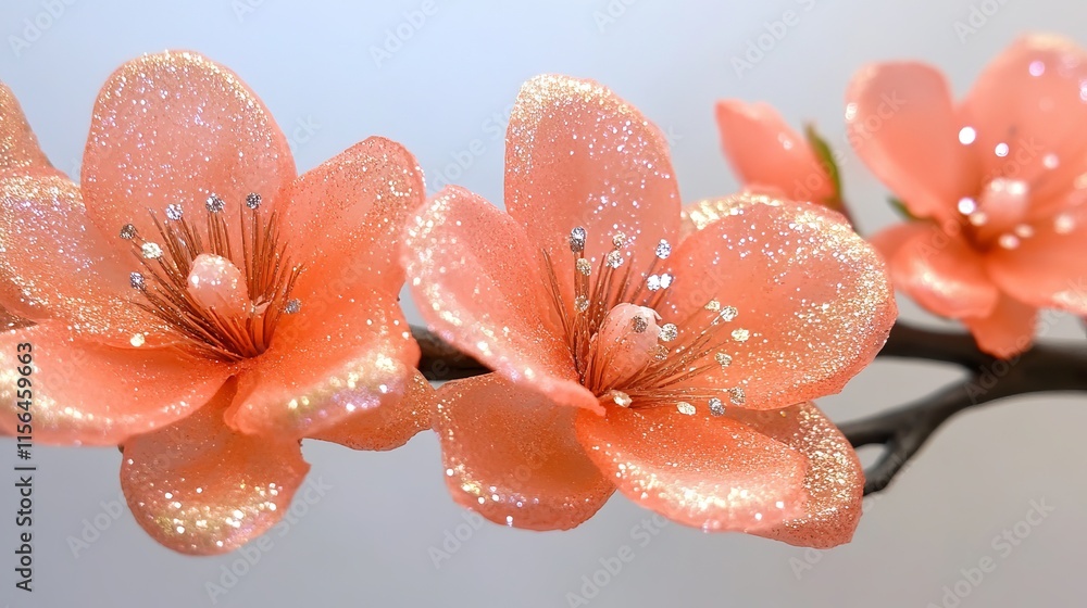 Poster a branch with three pink flowers that are covered in glitter. the flowers are arranged in a way that