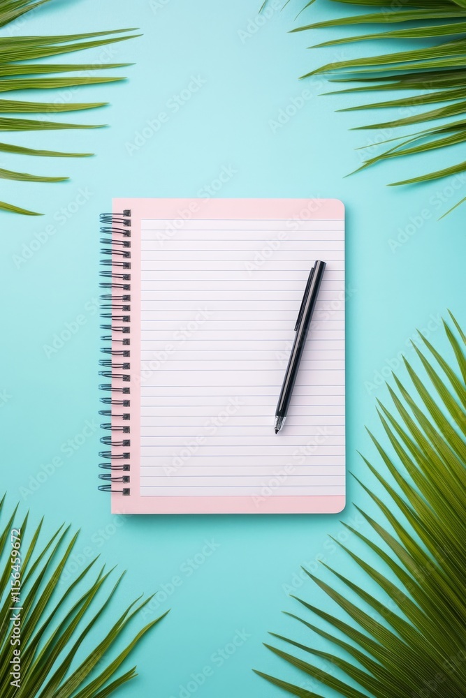 Poster a pink spiral notebook with a black pen on top of it. the notebook is open to a blank page. the pen 