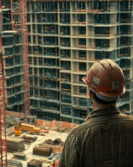 Construction Worker Observing High Rise Building Development