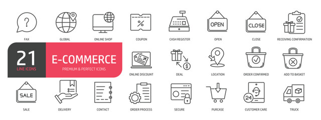 Set of line icons related to user e-commerce, online shop, sale, order. Outline icons collection. Editable stroke. Vector illustration.