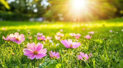 Obraz premium A Vibrant Field of Pink Cosmos Flowers in Full Bloom