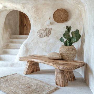 Fototapeta Boho Mediterranean Home Decor  Entryway Bench  Cactus   Arched Walls   Neutral Tones  Styl