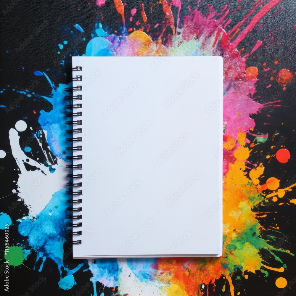 Poster a blank notebook sits on a colorful background with splatters of paint. the notebook is open to a bl